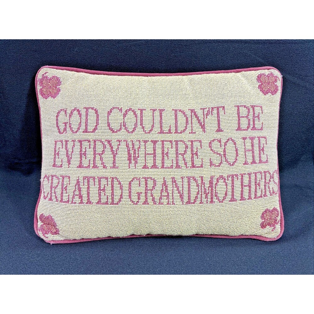Vintage Needlepoint Throw Pillow God Created Grandmother 9x12 Cottage Religious